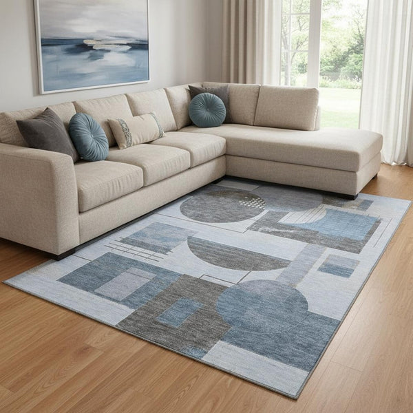 HomeRoots 8' X 10' Washable Blue-Gray & Ivory Geometric Area Rug - UV Protected, Stain Resistant & Non-Slip! 697444