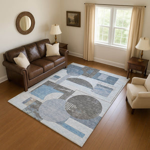 HomeRoots 8' X 10' Washable Blue-Gray & Ivory Geometric Area Rug - UV Protected, Stain Resistant & Non-Slip! 697444