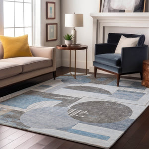 HomeRoots 8' X 10' Washable Blue-Gray & Ivory Geometric Area Rug - UV Protected, Stain Resistant & Non-Slip! 697444