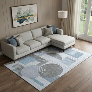HomeRoots 10' X 14' Blue Gray & Ivory Geometric Washable Area Rug - UV Protected, Durable, & Stylish Design 697446