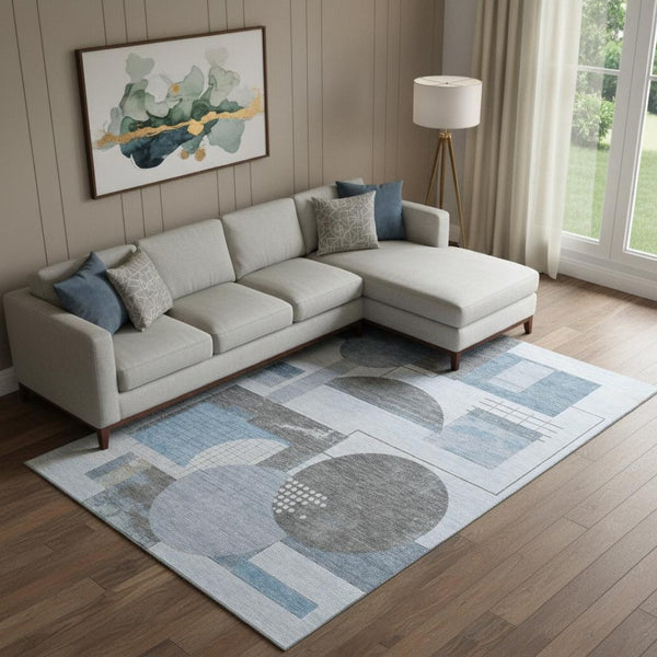 HomeRoots 10' X 14' Blue Gray & Ivory Geometric Washable Area Rug - UV Protected, Durable, & Stylish Design 697446