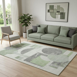 HomeRoots 5' X 8' Stylish Green Gray Ivory Geometric Washable Area Rug with UV Protection for High Traffic Spaces 697448