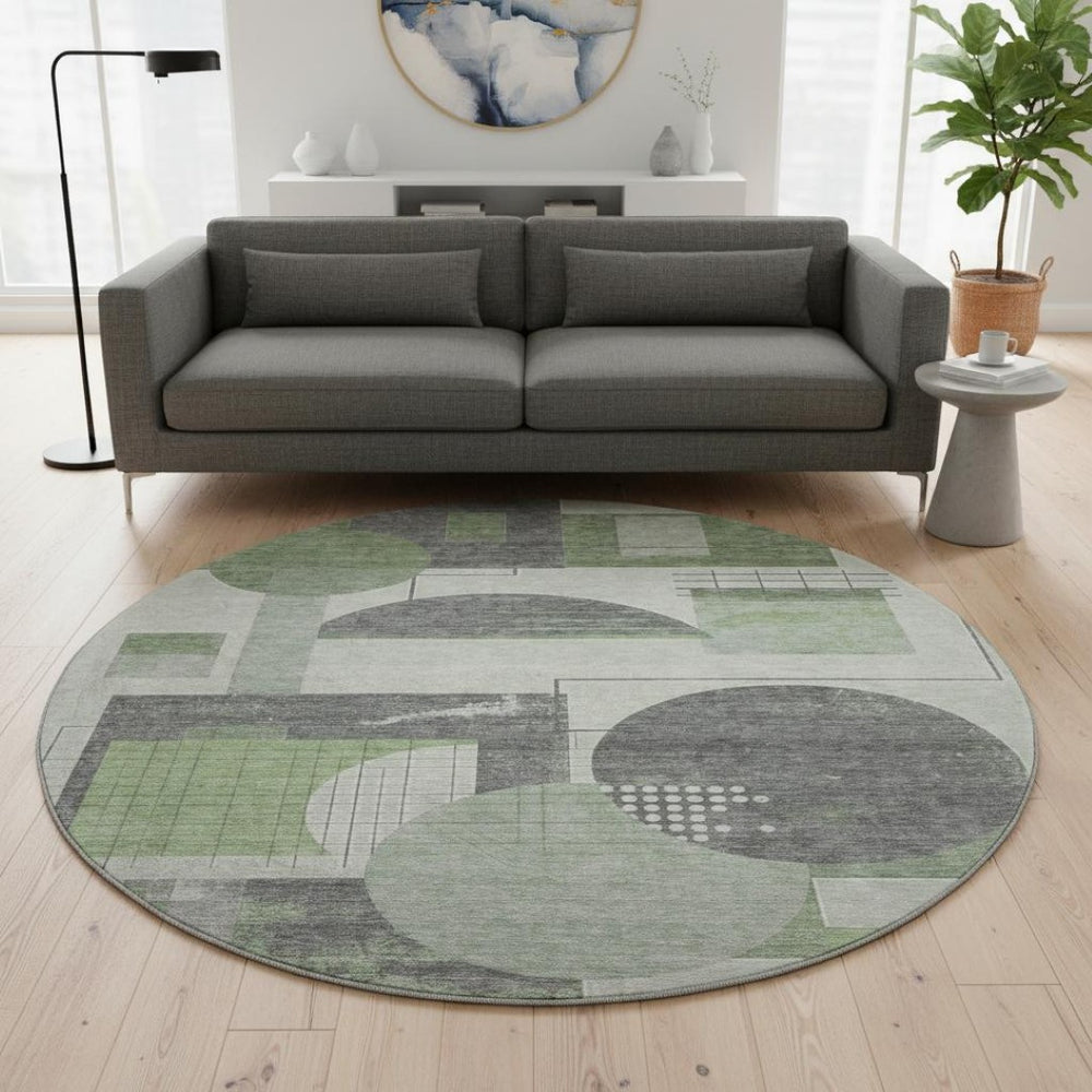 HomeRoots 8' Modern Geometric Washable Round Rug in Green, Gray & Ivory - UV Protected & Easy-Care Design 697449