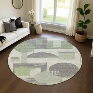 HomeRoots 8' Modern Geometric Washable Round Rug in Green, Gray & Ivory - UV Protected & Easy-Care Design 697449