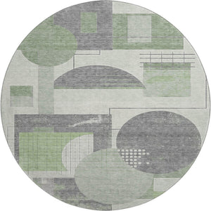 HomeRoots 8' Modern Geometric Washable Round Rug in Green, Gray & Ivory - UV Protected & Easy-Care Design 697449