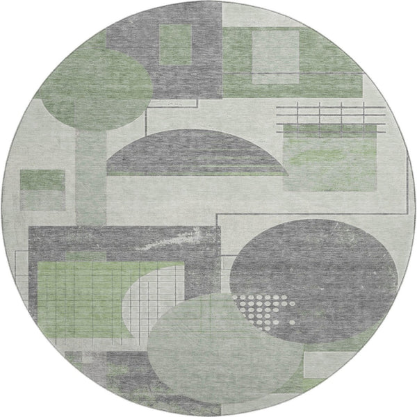 HomeRoots 8' Modern Geometric Washable Round Rug in Green, Gray & Ivory - UV Protected & Easy-Care Design 697449