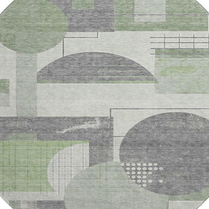 HomeRoots 8' Modern Geometric Washable Round Rug in Green, Gray & Ivory - UV Protected & Easy-Care Design 697449