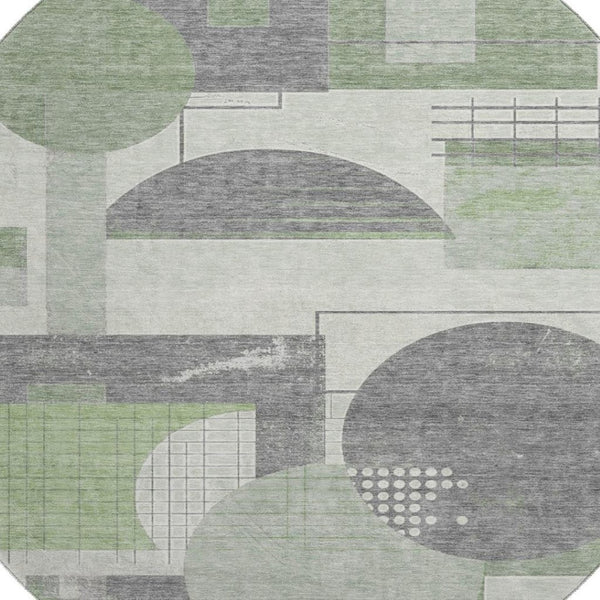 HomeRoots 8' Modern Geometric Washable Round Rug in Green, Gray & Ivory - UV Protected & Easy-Care Design 697449