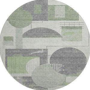 HomeRoots 8' Modern Geometric Washable Round Rug in Green, Gray & Ivory - UV Protected & Easy-Care Design 697449