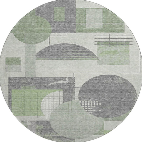 HomeRoots 8' Modern Geometric Washable Round Rug in Green, Gray & Ivory - UV Protected & Easy-Care Design 697449