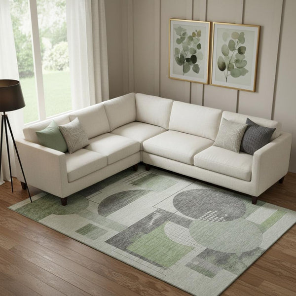 HomeRoots 9' X 12' Green Gray Ivory Geometric Area Rug - Stylish, Washable, UV Protected for Any Space! 697451