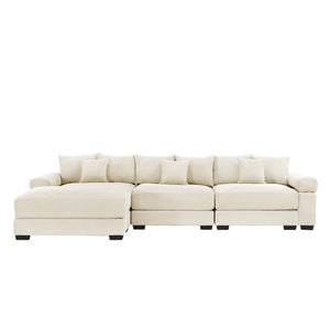 English Elm 130" Oversized Modular L-Shape Sectional Couch In Cream, Luxurious Corduroy, Ergonomic With Ottoman & 9 Pillows W714S01288