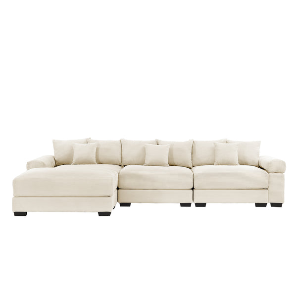 English Elm 130" Oversized Modular L-Shape Sectional Couch In Cream, Luxurious Corduroy, Ergonomic With Ottoman & 9 Pillows W714S01288