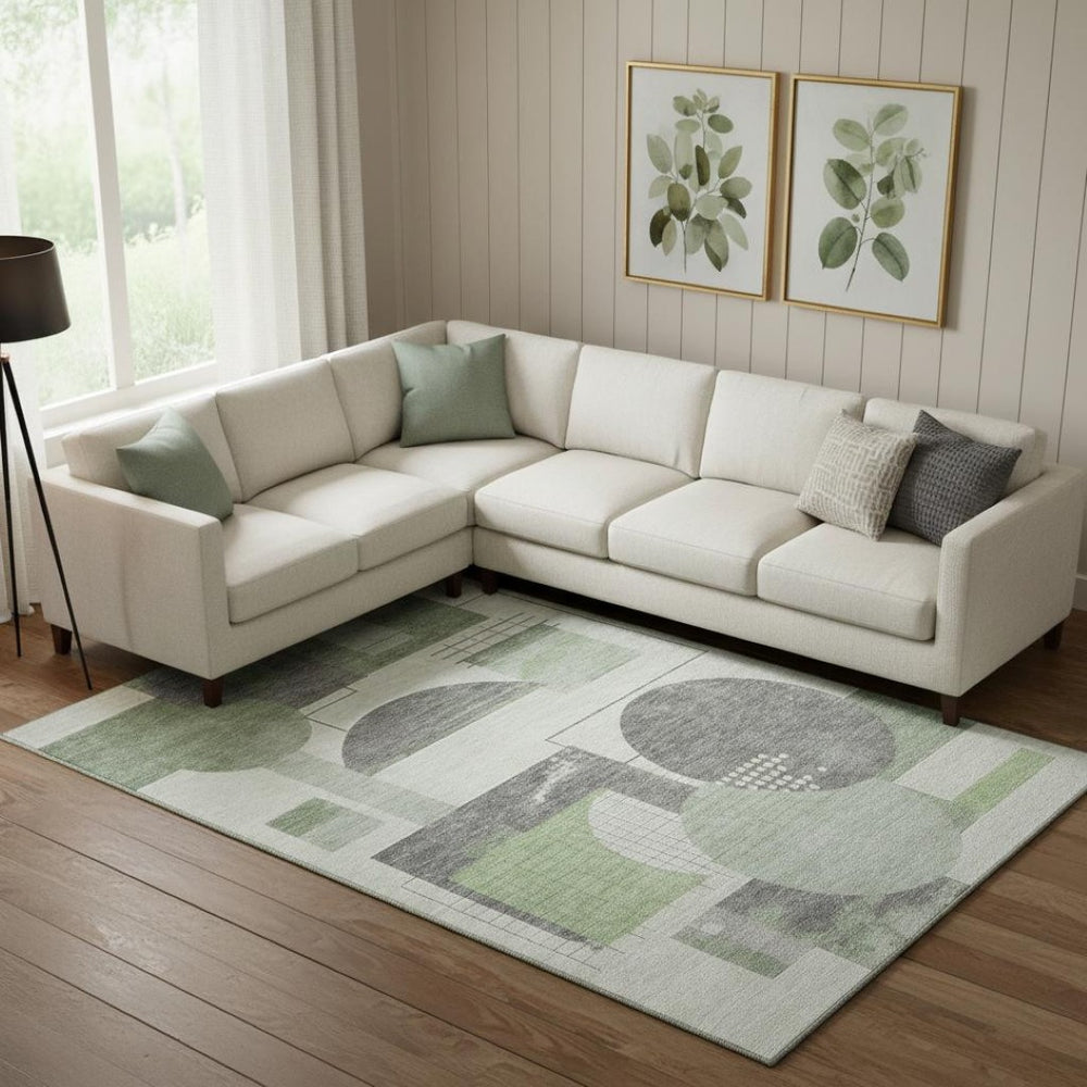 HomeRoots 10' X 14' Modern Geometric Washable Area Rug in Green, Gray & Ivory – Stain Resistant, UV Protected! 697452