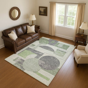 HomeRoots 10' X 14' Modern Geometric Washable Area Rug in Green, Gray & Ivory – Stain Resistant, UV Protected! 697452