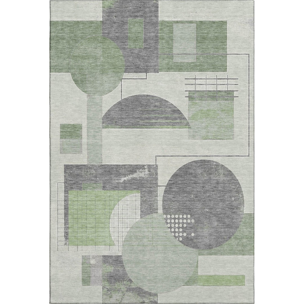 HomeRoots 10' X 14' Modern Geometric Washable Area Rug in Green, Gray & Ivory – Stain Resistant, UV Protected! 697452