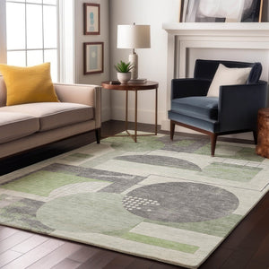 HomeRoots 10' X 14' Modern Geometric Washable Area Rug in Green, Gray & Ivory – Stain Resistant, UV Protected! 697452