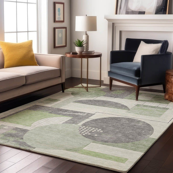 HomeRoots 10' X 14' Modern Geometric Washable Area Rug in Green, Gray & Ivory – Stain Resistant, UV Protected! 697452
