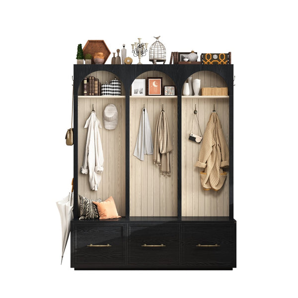 English Elm Farmhouse Hall Tree with Arched Panels Bench Drawers and Hooks for Mudroom Entryway Black W5271S00005