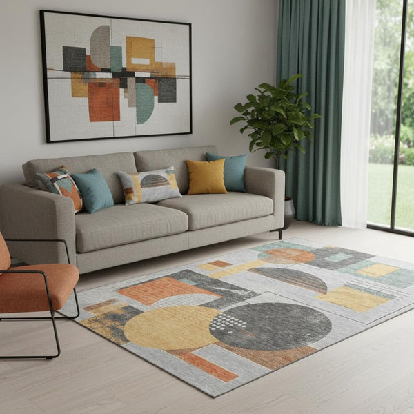 HomeRoots 5' X 8' Gray Orange Gold Geometric Area Rug – Washable, UV Protected, Durable for Busy Homes 697454