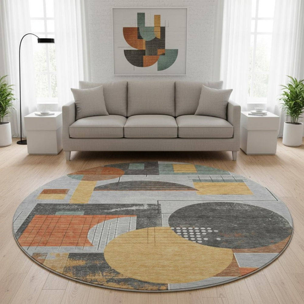 HomeRoots 8' Washable Gray, Orange & Gold Geometric Round Rug with UV Protection – Perfect for Busy Homes! 697455