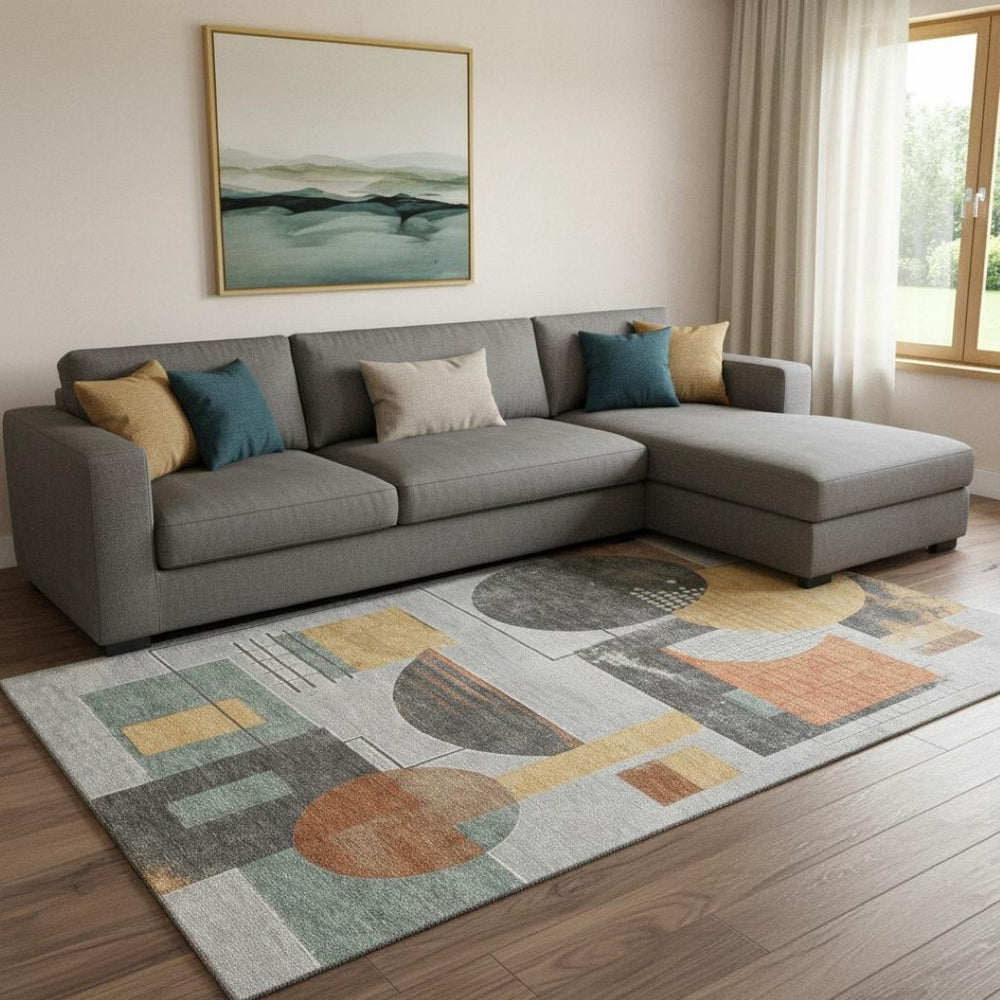 HomeRoots 8' X 10' Stylish Gray Orange Gold Geometric Washable Area Rug with Stain Resistance & UV Protection 697456