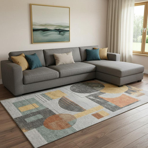 HomeRoots 8' X 10' Stylish Gray Orange Gold Geometric Washable Area Rug with Stain Resistance & UV Protection 697456