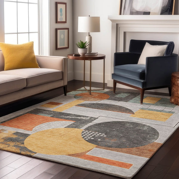 HomeRoots 8' X 10' Stylish Gray Orange Gold Geometric Washable Area Rug with Stain Resistance & UV Protection 697456