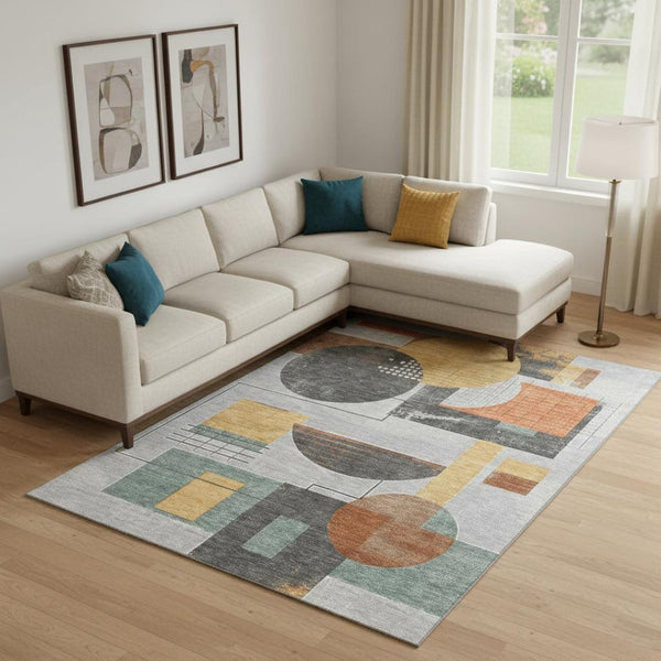 HomeRoots 9' X 12' Modern Gray, Orange & Gold Geometric Washable Area Rug with UV Protection & Non-Slip Backing 697457
