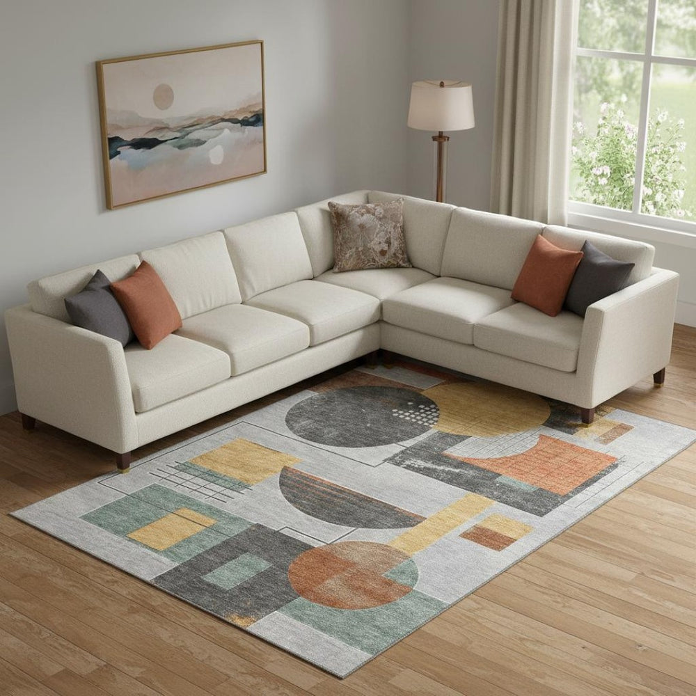 HomeRoots 10' Geometric Washable Area Rug in Gray, Orange & Gold - UV Protected, Stain-Resistant, Family-Friendly 697458