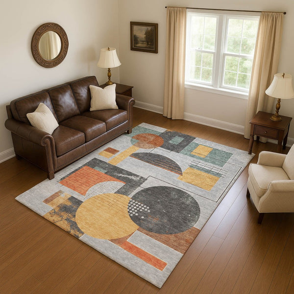 HomeRoots 10' Geometric Washable Area Rug in Gray, Orange & Gold - UV Protected, Stain-Resistant, Family-Friendly 697458