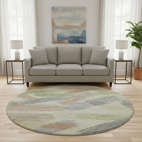 HomeRoots 8' Stylish Artichoke Green Copper Gray Striped Washable Round Rug - UV Protected & Non-Slip Design 697461