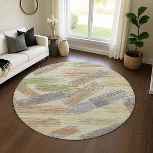 HomeRoots 8' Stylish Artichoke Green Copper Gray Striped Washable Round Rug - UV Protected & Non-Slip Design 697461