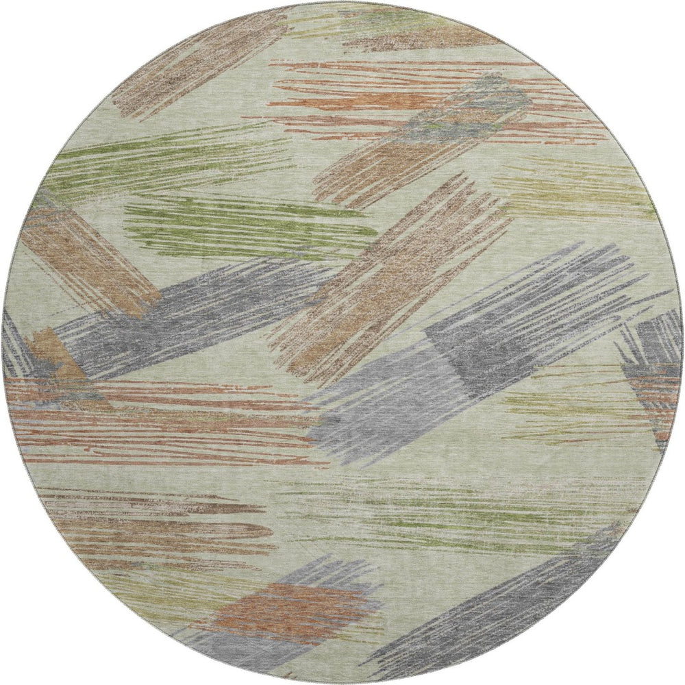 HomeRoots 8' Stylish Artichoke Green Copper Gray Striped Washable Round Rug - UV Protected & Non-Slip Design 697461