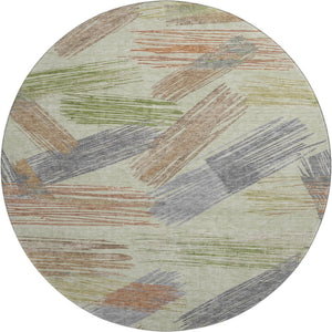 HomeRoots 8' Stylish Artichoke Green Copper Gray Striped Washable Round Rug - UV Protected & Non-Slip Design 697461