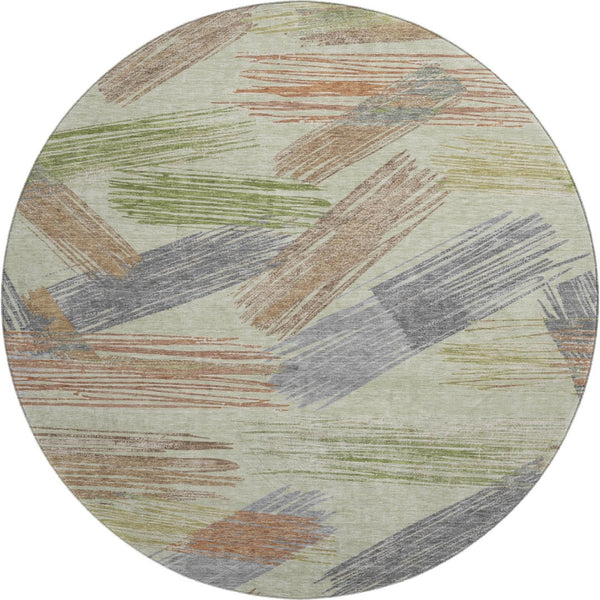 HomeRoots 8' Stylish Artichoke Green Copper Gray Striped Washable Round Rug - UV Protected & Non-Slip Design 697461