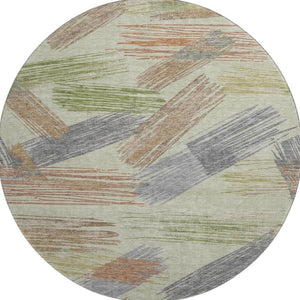 HomeRoots 8' Stylish Artichoke Green Copper Gray Striped Washable Round Rug - UV Protected & Non-Slip Design 697461