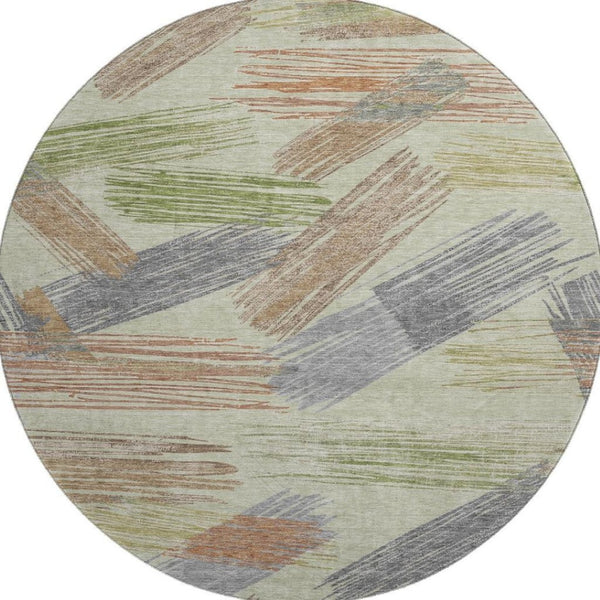 HomeRoots 8' Stylish Artichoke Green Copper Gray Striped Washable Round Rug - UV Protected & Non-Slip Design 697461