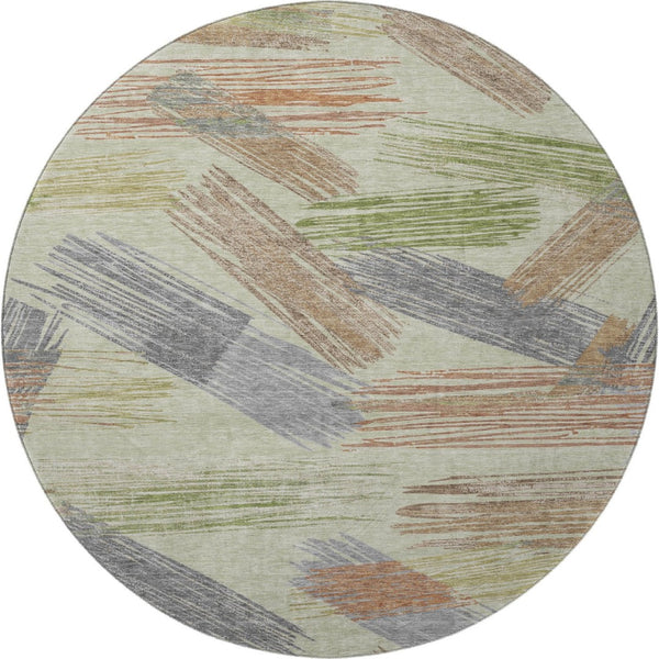 HomeRoots 8' Stylish Artichoke Green Copper Gray Striped Washable Round Rug - UV Protected & Non-Slip Design 697461