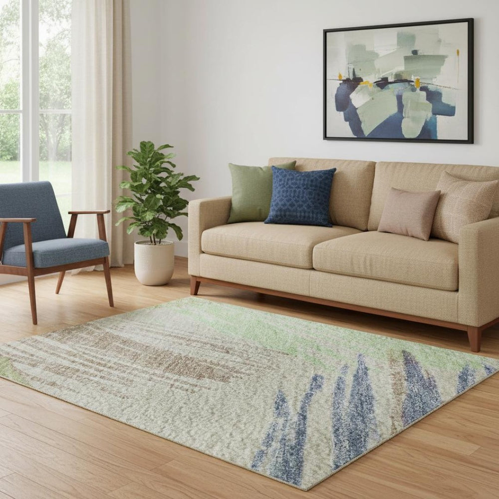 HomeRoots 5' Striped Washable Area Rug in Beige, Purple & Mint Green - UV Protected for Homes with Kids & Pets 697466