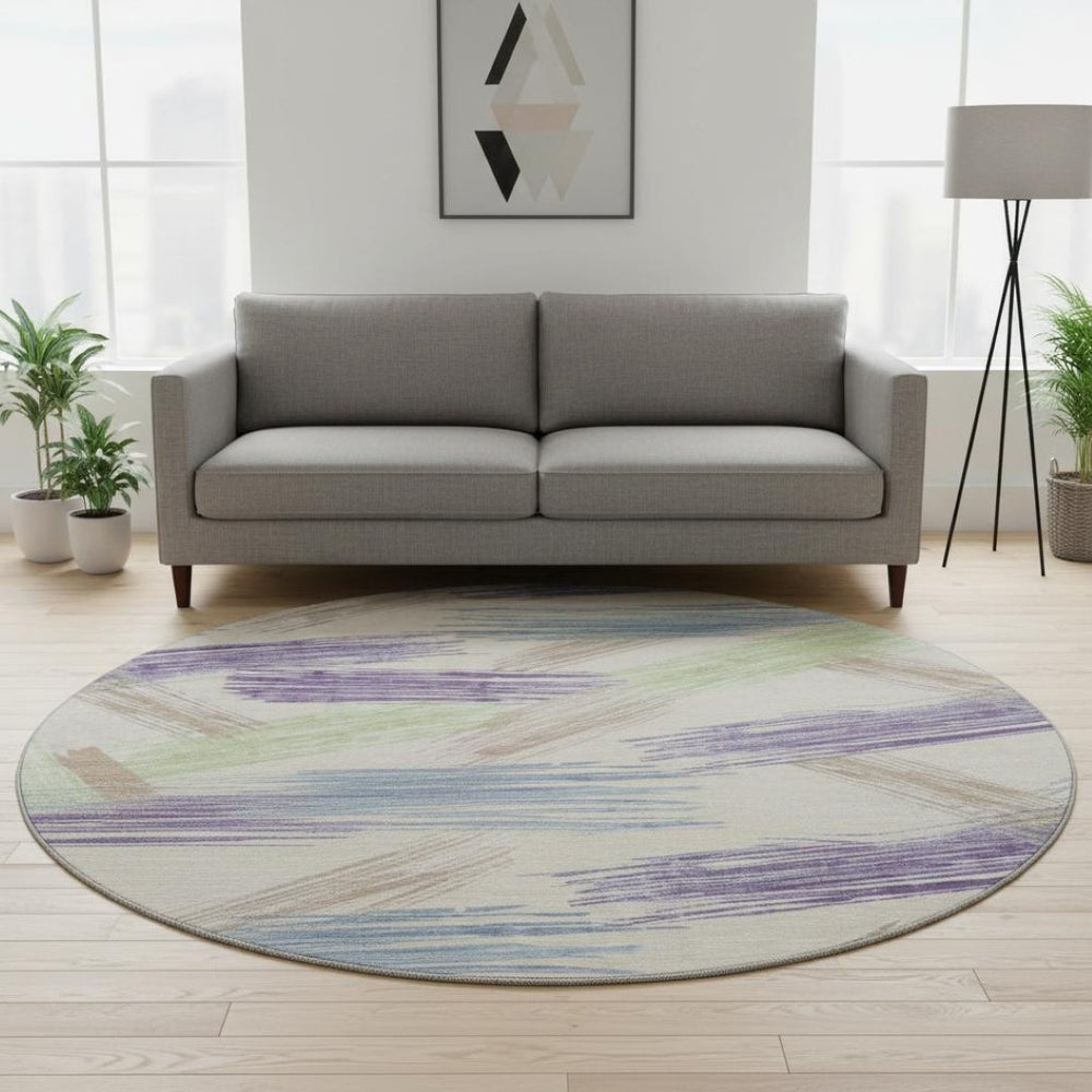 HomeRoots 8' Striped Beige, Purple & Mint Green Washable Round Rug - UV Protected, Stain Resistant & Durable 697467