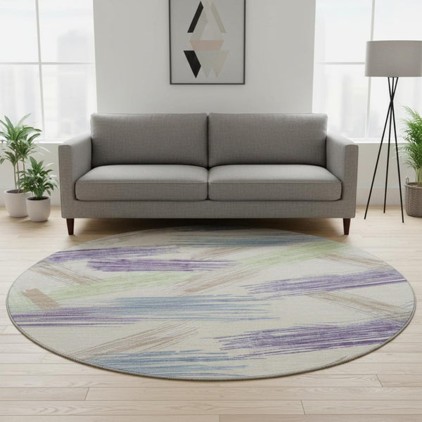 HomeRoots 8' Striped Beige, Purple & Mint Green Washable Round Rug - UV Protected, Stain Resistant & Durable 697467
