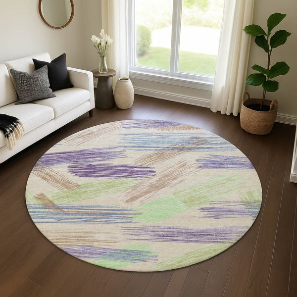 HomeRoots 8' Striped Beige, Purple & Mint Green Washable Round Rug - UV Protected, Stain Resistant & Durable 697467