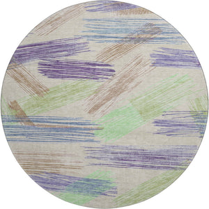 HomeRoots 8' Striped Beige, Purple & Mint Green Washable Round Rug - UV Protected, Stain Resistant & Durable 697467