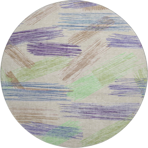 HomeRoots 8' Striped Beige, Purple & Mint Green Washable Round Rug - UV Protected, Stain Resistant & Durable 697467