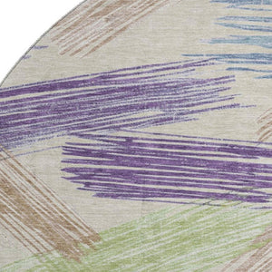 HomeRoots 8' Striped Beige, Purple & Mint Green Washable Round Rug - UV Protected, Stain Resistant & Durable 697467