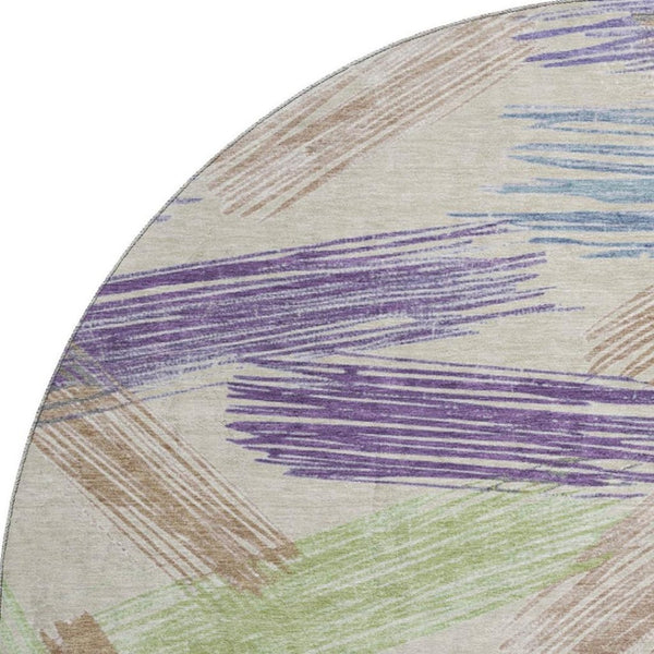 HomeRoots 8' Striped Beige, Purple & Mint Green Washable Round Rug - UV Protected, Stain Resistant & Durable 697467