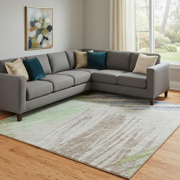 HomeRoots 8' X 10' Stylish Beige, Purple & Mint Green Striped Washable Area Rug with UV Protection & Durability 697468