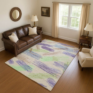 HomeRoots 10' Stylish Striped Washable Area Rug in Beige, Purple & Mint Green with UV Protection & Stain Resistance 697470