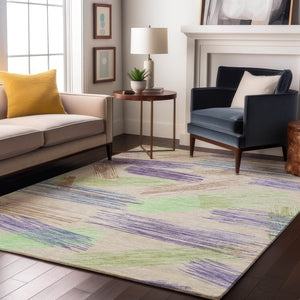 HomeRoots 10' Stylish Striped Washable Area Rug in Beige, Purple & Mint Green with UV Protection & Stain Resistance 697470